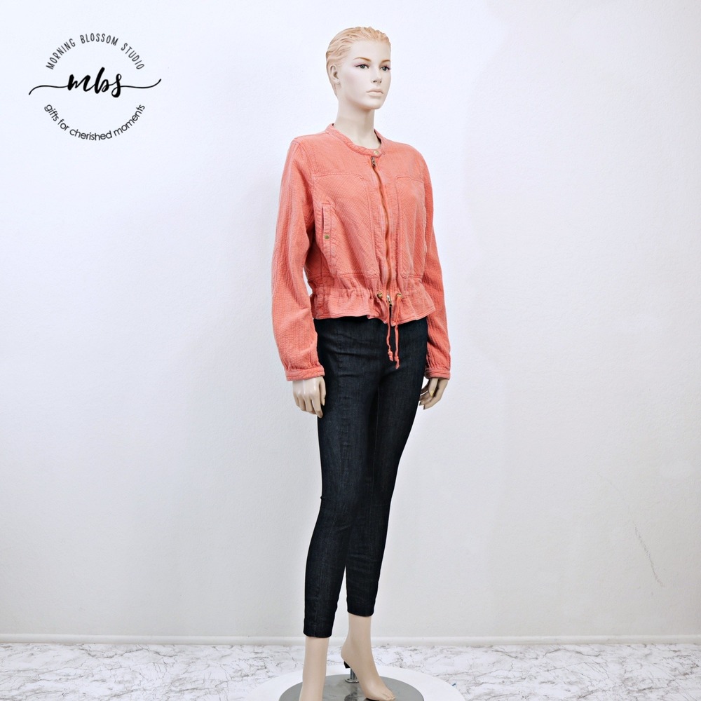 Anthropologie Joyce Textured Zip Up Draw String Utility Jacket Coral Women  L